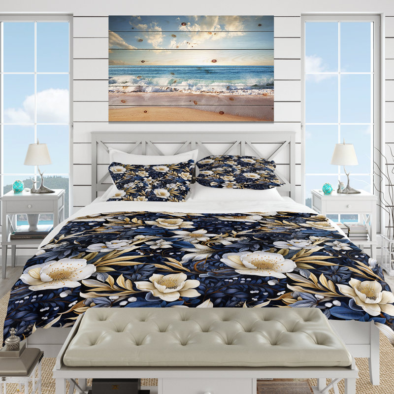 Ensemble de housse de couette Deep Indigo Moonlit Flowers I, Housse de couette simple + 1 taie décorative stan