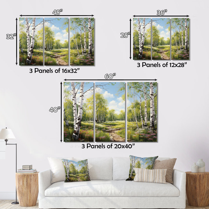 «Birch Woods Spring Awakening III», reproduction sur toile 3 pièces, H 28 po x l 36 po x P 1 po