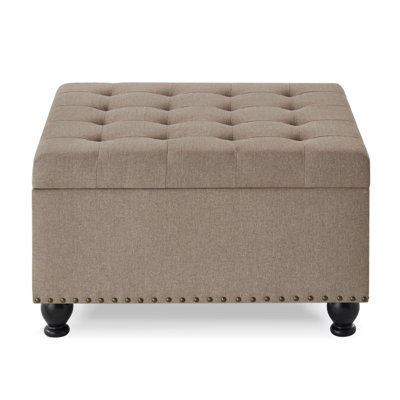 Large Square Storage Ottoman With Wooden Legs, Upholstered Button Tufted Coffee Table With Nail Trims For For Living Space,Linen