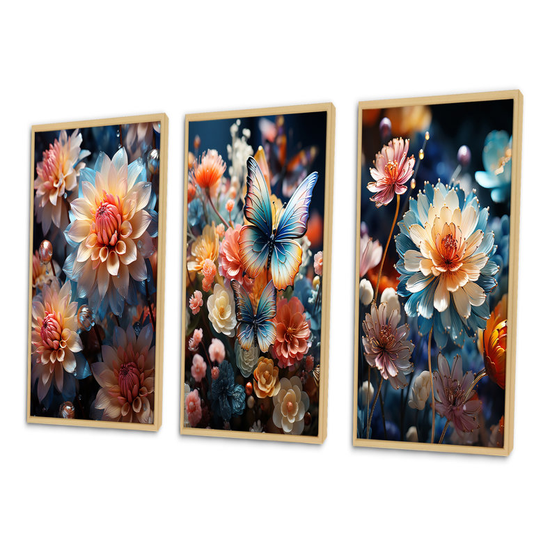 «Meadow Chrysanthemum Charm», 3 pièces sur toile, H 20 po x l 36 po, Cadre naturel flottant