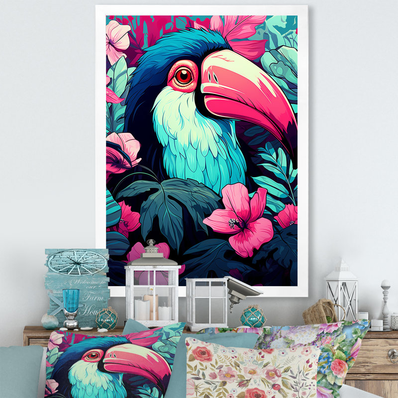 Toucans roses et bleus tropicaux - art mural Toucan, H 32 po x l 16 po x P 1 po, Cadre simple blanc