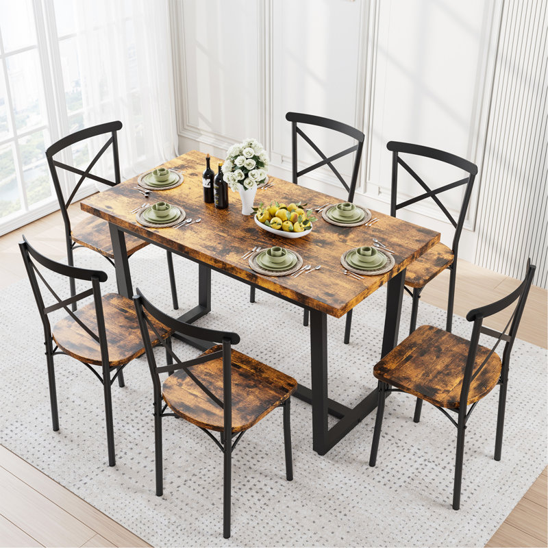 7 Pieces Dining Set 7-Piece Kitchen Table Set Perfect For Kitchen, Breakfast Nook, Living Room Occasions, Brown, Brown/Black