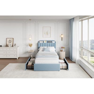 Platform Bed Frame,Kids Bed Frame with Storage Headboard, 2 Rolling Drawers, Noise Free Bedframe, No Box Spring Needed