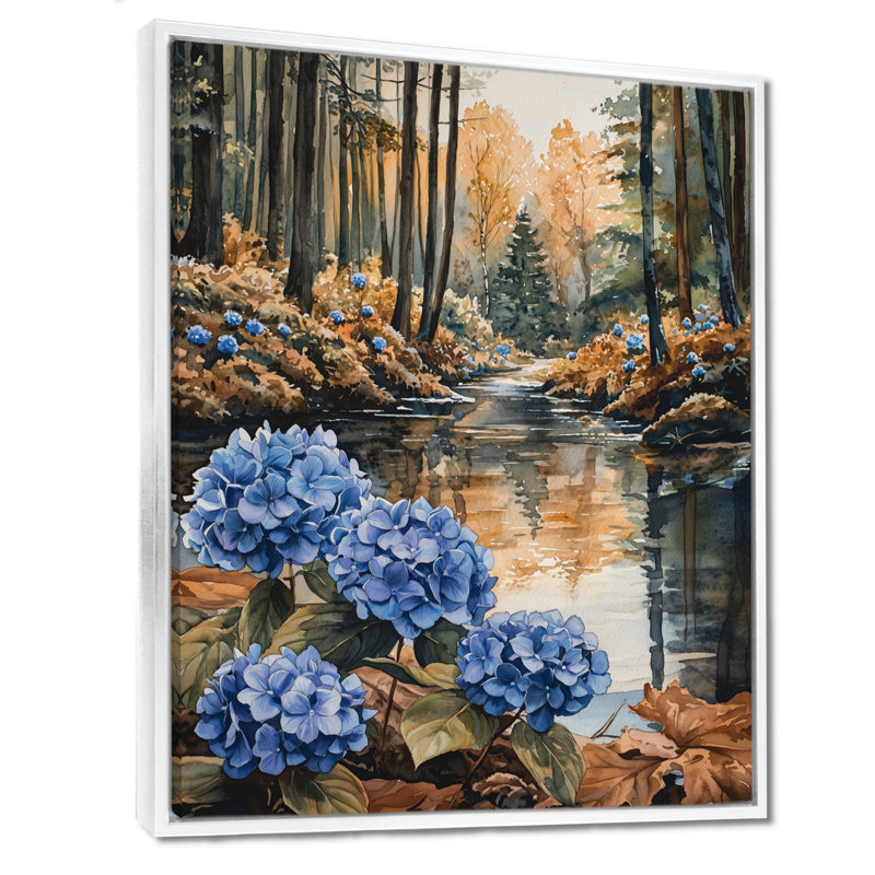 Gitika Hydrangeas By The Forest River I - Hydrangea Wall Art, H 32 po x l 16 po, Reproduction avec cadre flottant, Blanc