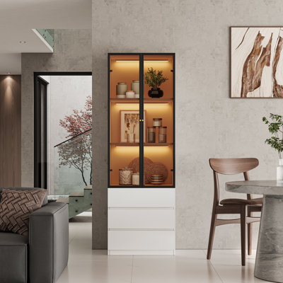 Vitrine blanche de 180 cm de haut avec portes en verre trempé et éclairage DEL sans fil, bibliothèque moderne à 3 niveaux pour salon, salle à manger ou bureau.