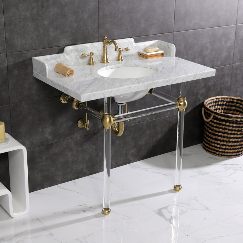 Lavabo console en marbre de Carrare de 36 po avec pattes en acrylique Kingston LMS3630MA8 Kingston Brass, blanc marbre / nickel brossé
