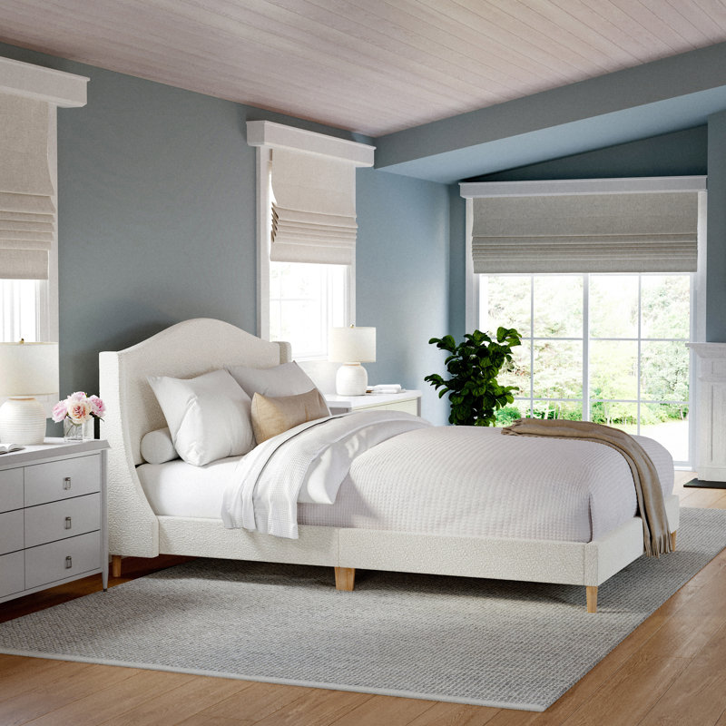 Martha Stewart Amelia Upholstered Platform Bed With Curved Headboard, Queen, Cream
