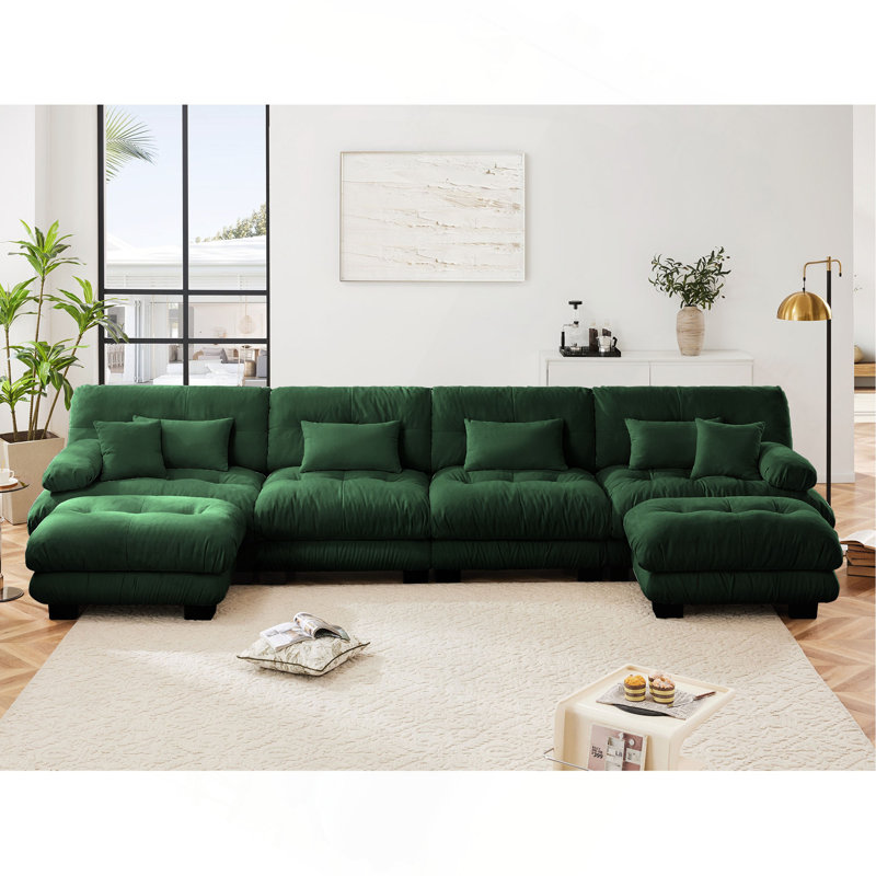 Canapé modulaire Free Combination, canapé en U pour le salon, canapé 4 places avec 2 repose-pieds, vert chenille