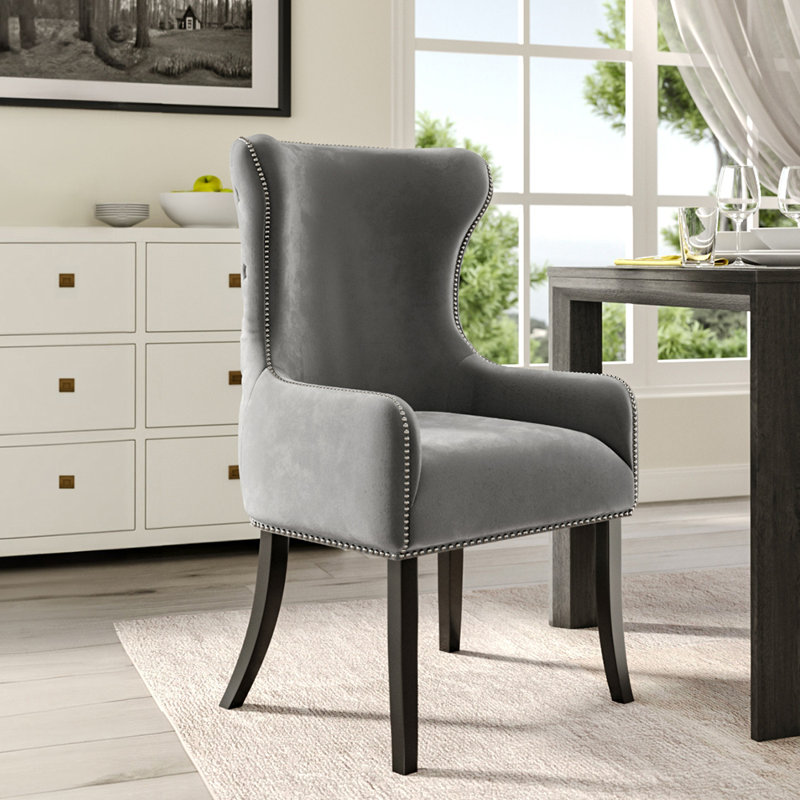 Latty 46cm H Velvet Upholstered Wing Back Side Chair Dining Chair, Grey, 1