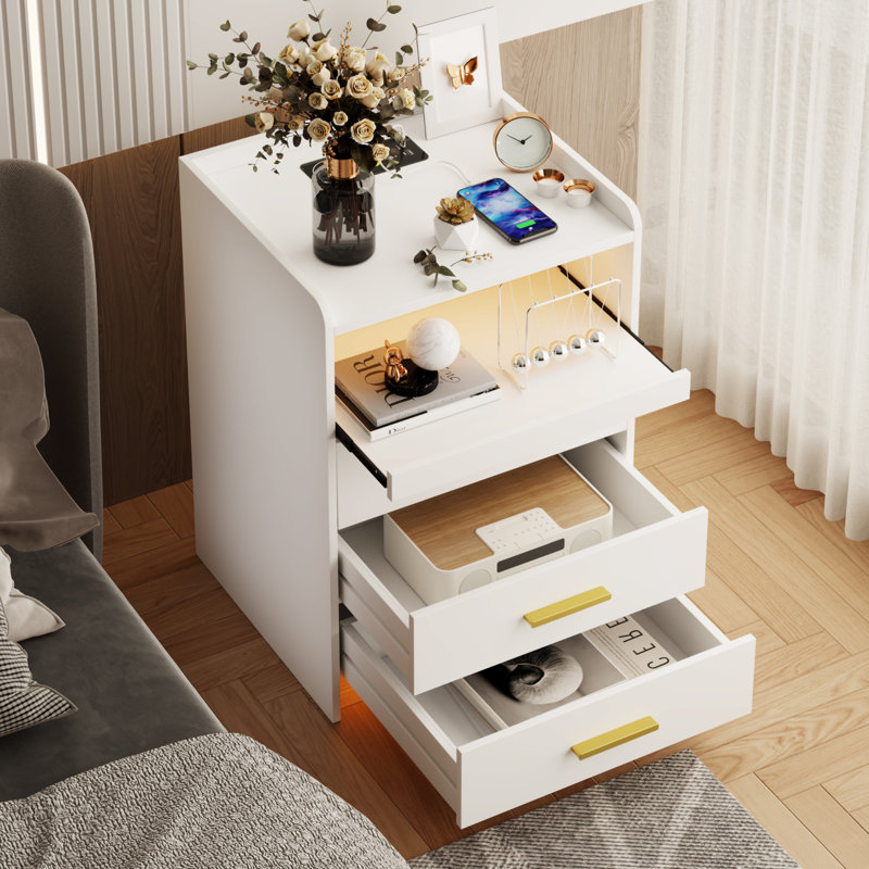 Eaden 3 Drawer Nightstand With Light, White