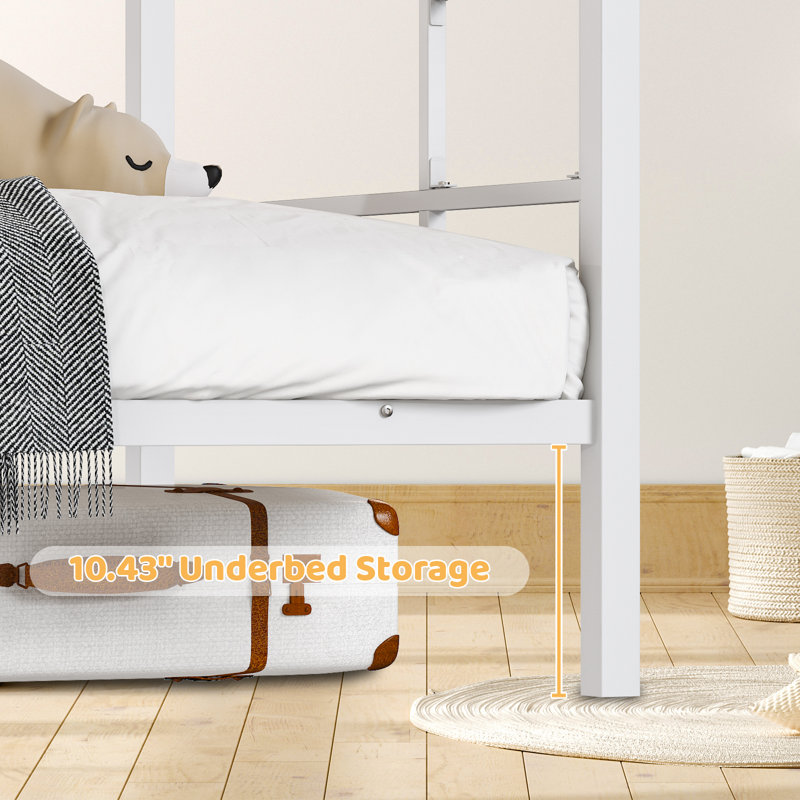 White Twin Over Twin Steel Bunk Beds Frame,14.8" Height Guardrail For Kids Adult Children, White