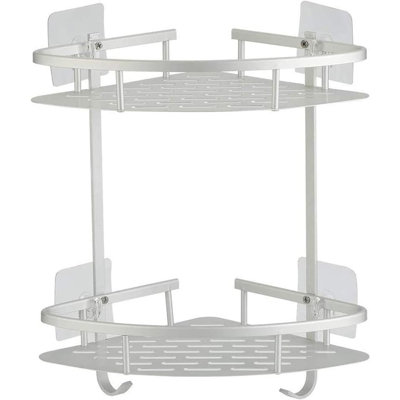 No-Drill Bathroom Corner Shelves - Silver - 2-Tier Aluminum Shower Caddy, Adhesive Storage Basket For Shampoo