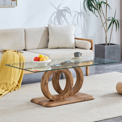Glass Top MDF Coffee Table With Natural Wood Base