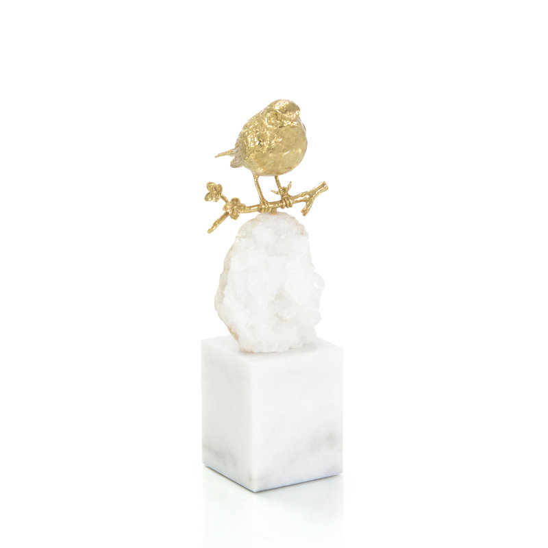 Brass Bird And Quartz Sculpture I, 11.75" H x 4.75" W x 4.75" D