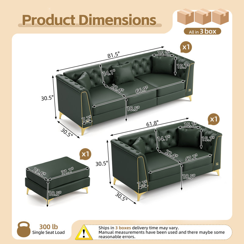 Ensemble de salon, 1 causeuse 2 places, 1 canapé 3 places et 1 repose-pieds, Vert