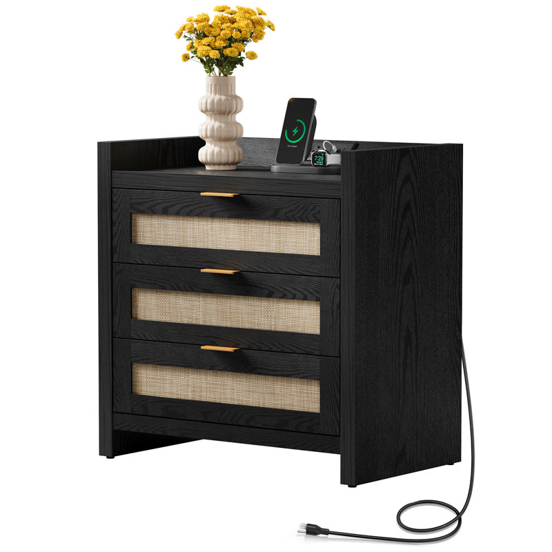 Ashvir Rattan 3-Drawer Nightstand With Built-In Outlets, Black
