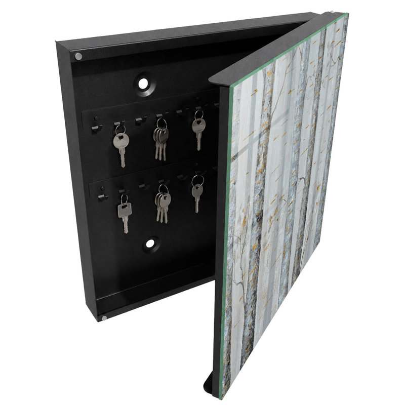 Key cabinet for wall, Opens to the left, 30x30x5, Black, Birch trunks, subtle details, natural charm, 