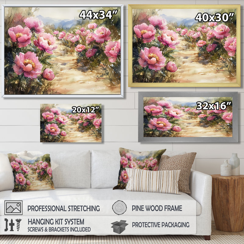 Pivoines le long du chemin de terre - Art mural pivoines, H 34 po x l 44 po, Toile tendue, Ne s’applique pas