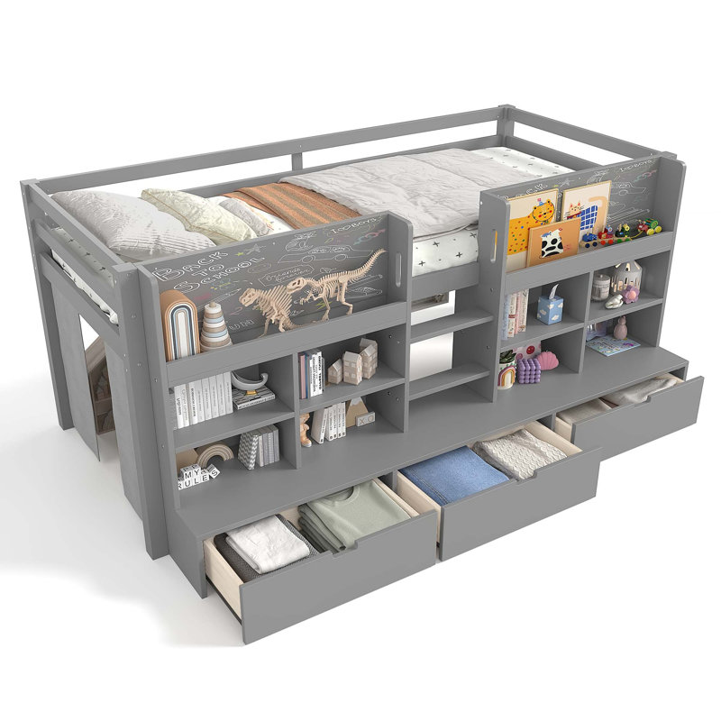 Twin Size Loft Bed With Multi-Storage Shelves And Storage, Low Loft Bed With Curtain Under The Bed And Chalkboard, No Box Spring Needed, White