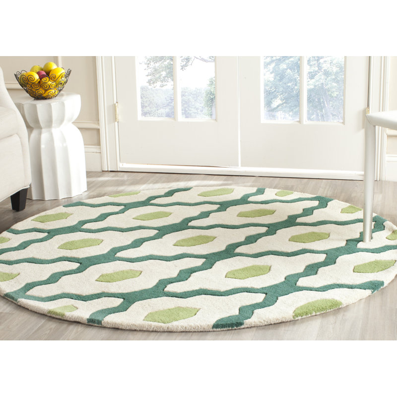 Tapis ivoire / bleu sarcelle en laine touffeté à la main Carolene, Rond 5 pi