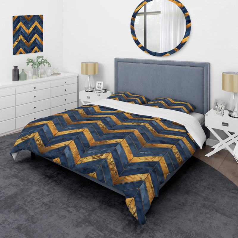Ensemble de housse de couette moderne à motif de chevrons doré bleu Glam I, King Duvet Cover + 2 King Shams