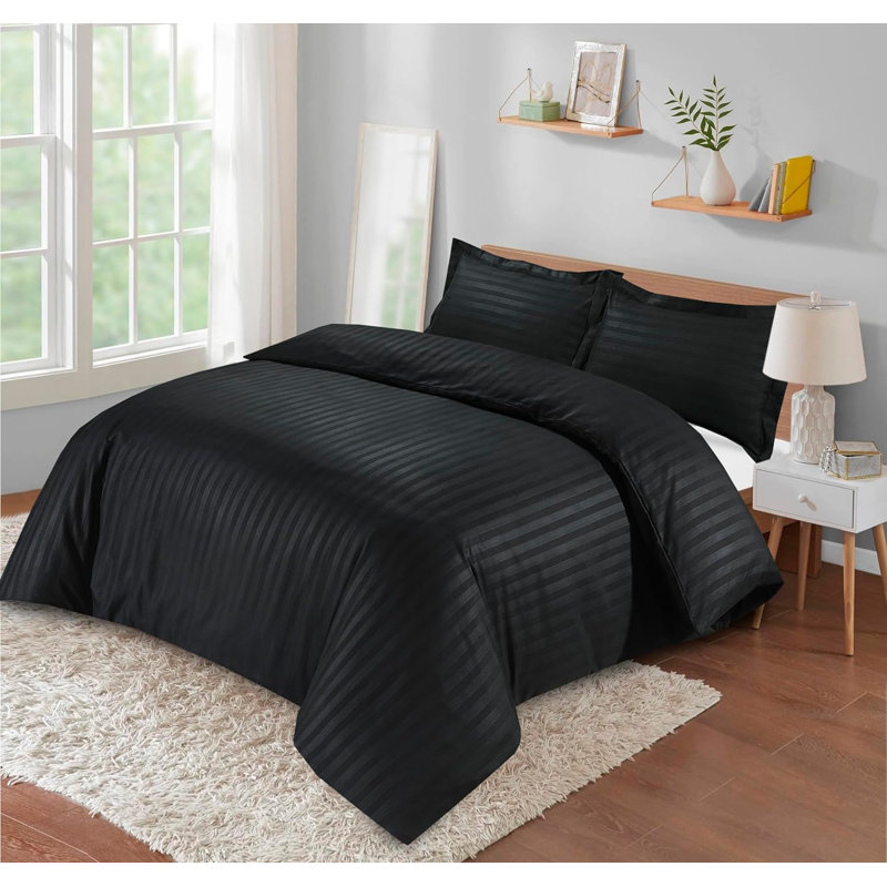 Neacsu Microfiber Striped Duvet Cover Set with Pillowcases, Black, Double Duvet Cover + 2 Standard Pillowcases