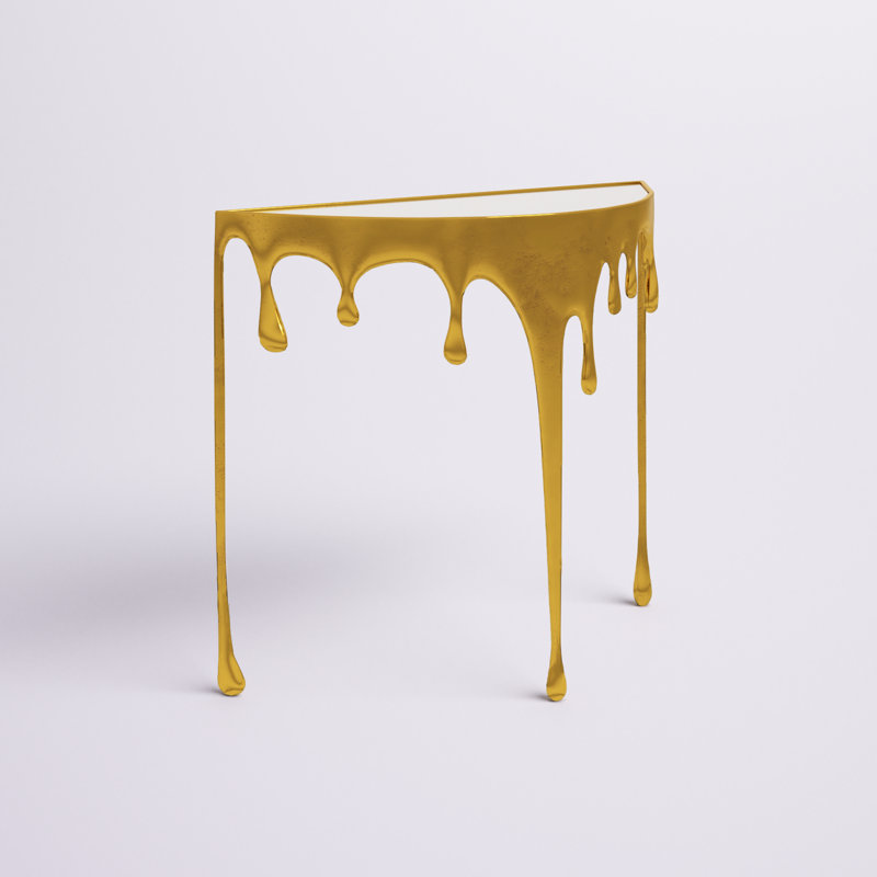 Moderna Aluminum Metal Abstract Crescent Drip Living Room Console Table with Melting Designed Legs and Shaded Glass Top, Gold