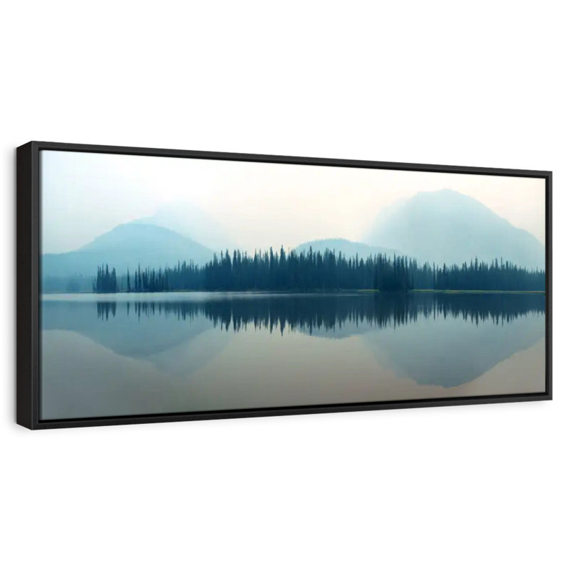 Lakeside Mountain Forest, Floating Frame Black, 37" X 13"