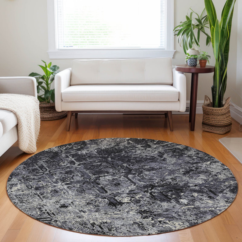 Premium Machine Washable Prisco Black Rug, Round 8'