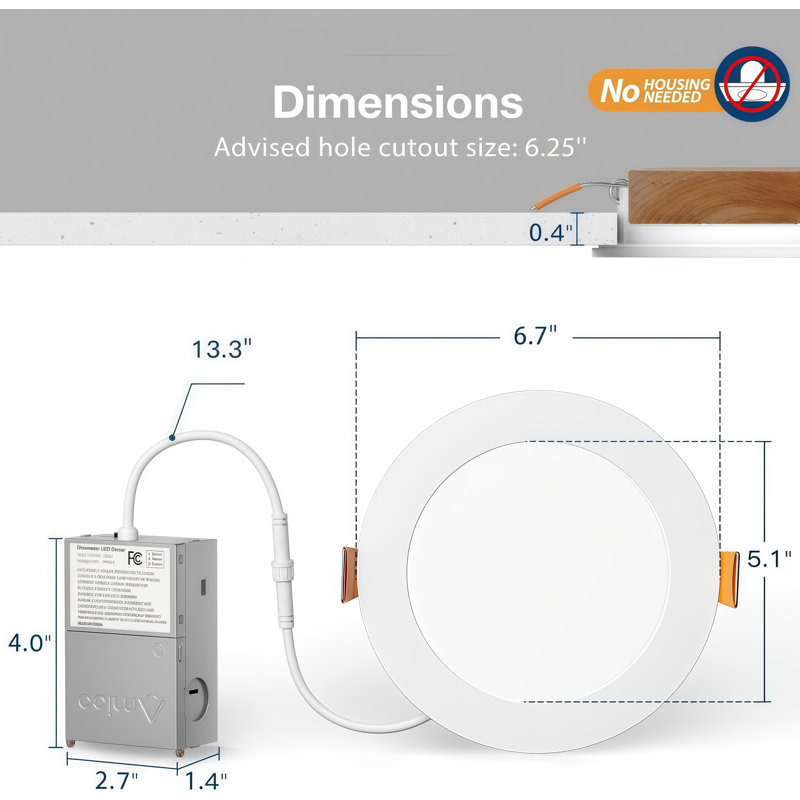 Paquet de 6 plafonniers encastrés à DEL blancs fins de 5 pouces avec boîte de jonction, 5CCT, 12 W, 1050LM, IRC élevé RA80, 2700K-5000K, couleur réglable de 5% à 100%, homologué ETL IC, pour le salon, la cuisine, la salle de bain et le bureau