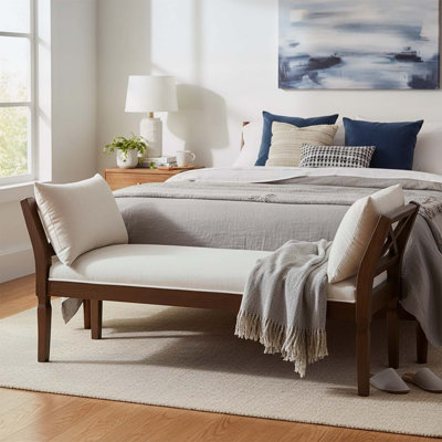 Banc rembourré en bois avec coussins et accoudoirs, parfait pour un décor rustique et moderne, siège durable et confortable