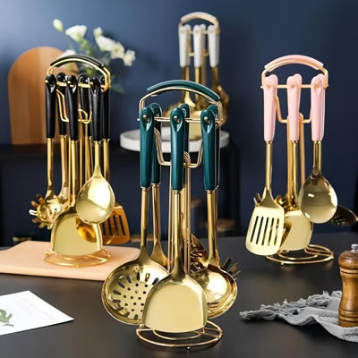 7-Piece Stainless Steel Kitchen Utensil Set With Rotating Holder - Premium Mirror-Polished Utensils