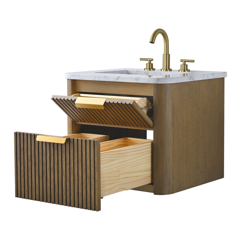 Liljan 24'' Wall-Mounted Single Bathroom Vanity with Engineered Stone Top, Aged Oak/Brushed Bronze