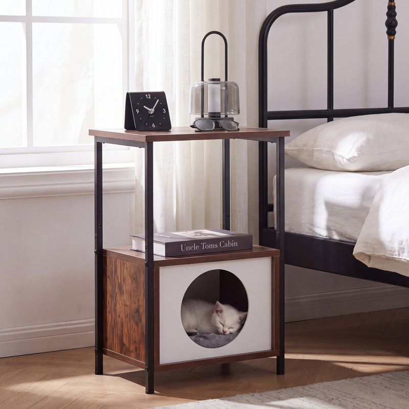 Table d'appoint pour chat 2 en 1, aire de repos pour chat en fer et en bois avec rangement, table de bout multifonctionnelle pour chats, rayure tigre
