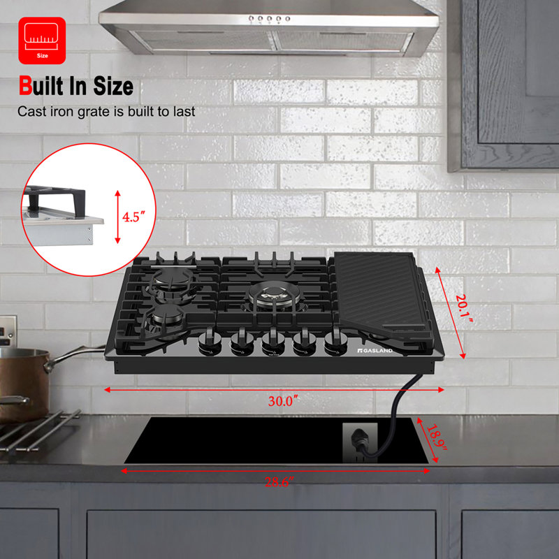 30 In Recessed Gas Cooktop in Stainless Steel with Griddle and 5 Burners, Black