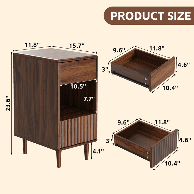 Modern Fluted Nightstand with 2 Drawers, Handleless Bedside Table for Small Spaces