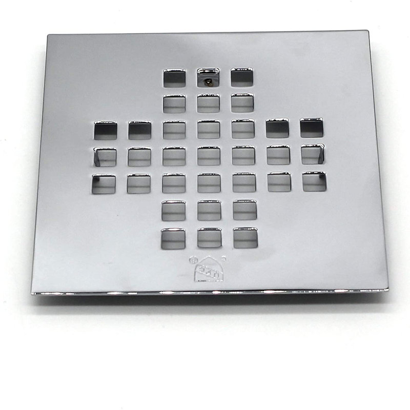 4-1/4" Square Grate Shower Drain Cover with 2" Brass Drain Pipe, Polished Chrome