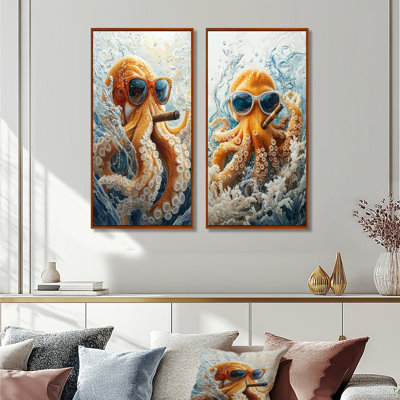 Pieuvre orange avec lunettes fumant dans l'océan I - ensemble de 2 pièces d'art mural poulpe / calmar