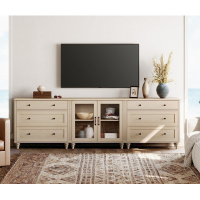 Farmhouse TV Stand, 3-In-1 TV Console Table For 75/80/85/90 Inch TV, Entertainment Center With Drawer & Glass Door