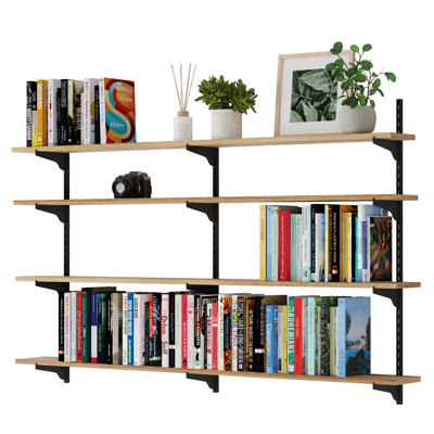 54" X 6" Floating Bookshelf With Adjustable Bracket, Wooden Shelf For Home Organization, Rustic Shelf For Living Room And Home Office Decor, Hanging Shelf, Wall Mounted, 4 Tier, Burnt