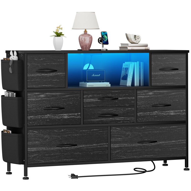 Meuble télé pour chambre avec prises électriques Mikayle, Grain de bois noir