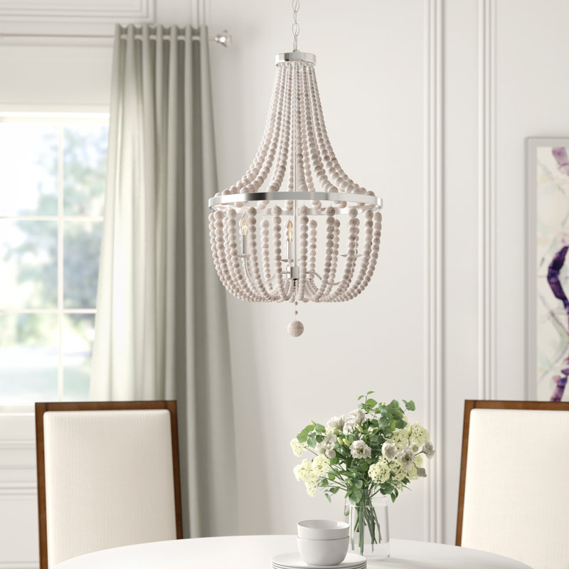 Lustre en perles de bois 3 lumières Dumas - Blanc vieilli, Acier brossé / blanc vieilli