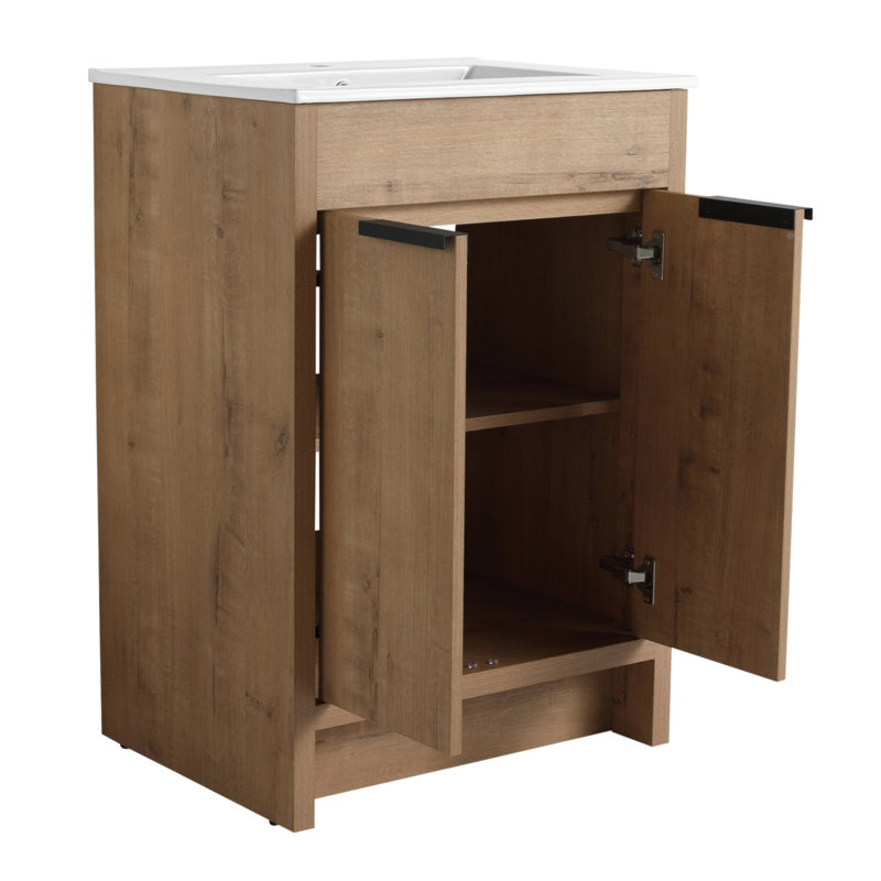 Meuble-lavabo autoportant de 24 pouces avec lavabo en céramique blanche et portes d'armoire à fermeture en douceur, idéal pour les salles de bain modernes et un rangement efficace