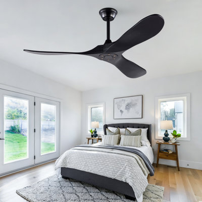 52 Inch Black Ceiling Fan Without Light, 3 Blades Solid Wood Ceiling Fan with Downrod, 6-Speed Reversible Quiet DC Fan with Remote, 1/4/8 Hour Timer, for Patio Living Room Bedroom