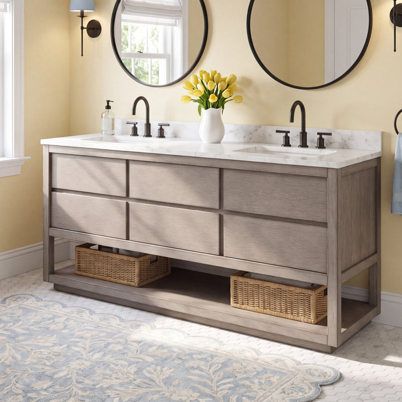 Constanta 72'' Double Bathroom Vanity with Marble Top, Grey Oak