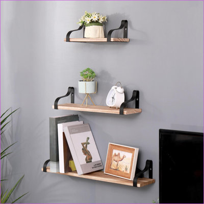 Floating Shelves Set of 3, Rustic Natural Wood Wall Mounted 3 Sizes with Metal Brackets | Natural Wood | Metal & Wood