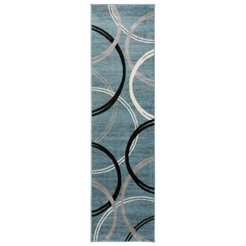 Tapis à motif géométrique Arnaldur, Bleu, Tapis de couloir 2 pi x 10 pi