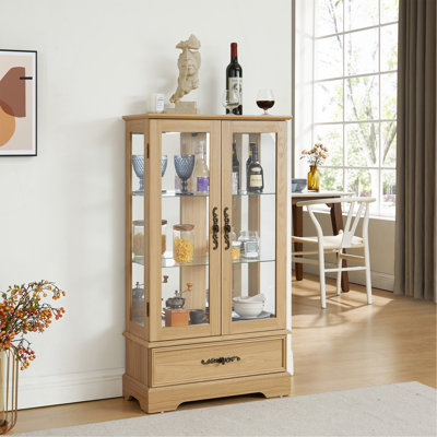 Vitrine lumineuse en verre avec tablettes réglables - 2 portes, 1 tiroir, lumières DEL, finition chêne clair élégant