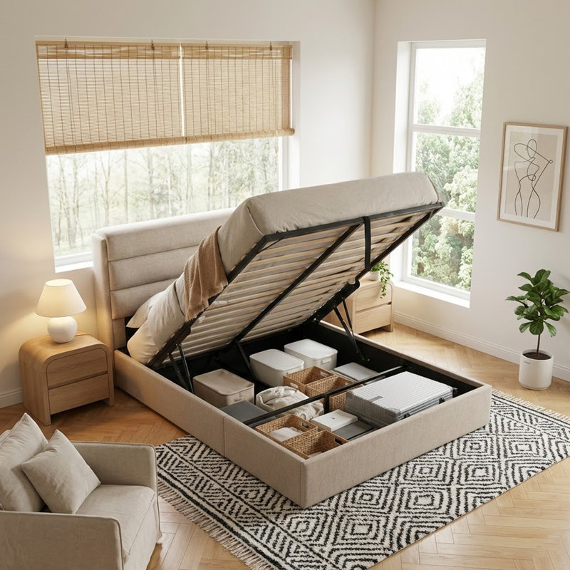 Linen 3-Panel Headboard Queen Bed Frame with Lift Up Storage, No Box Spring Needed, Light Brown, Queen, Light Brown