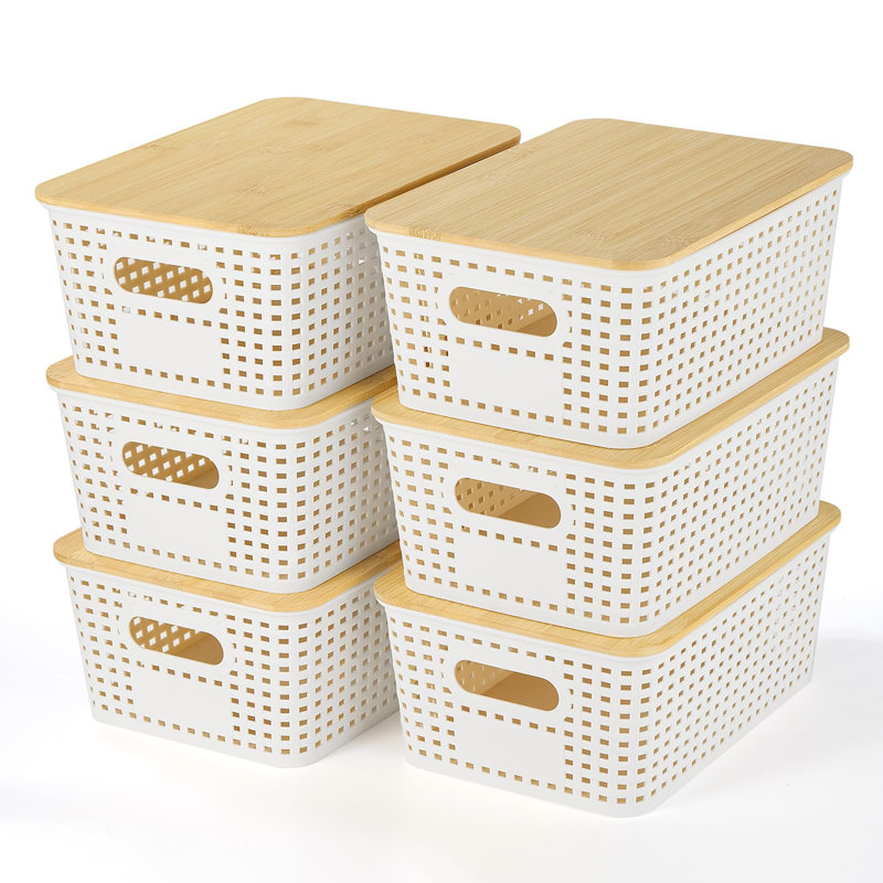 Paniers de rangement en plastique avec couvercle en bambou - Contenants de rangement en plastique Bacs de rangement empilables: Paniers de rangement pour étagères de rangement